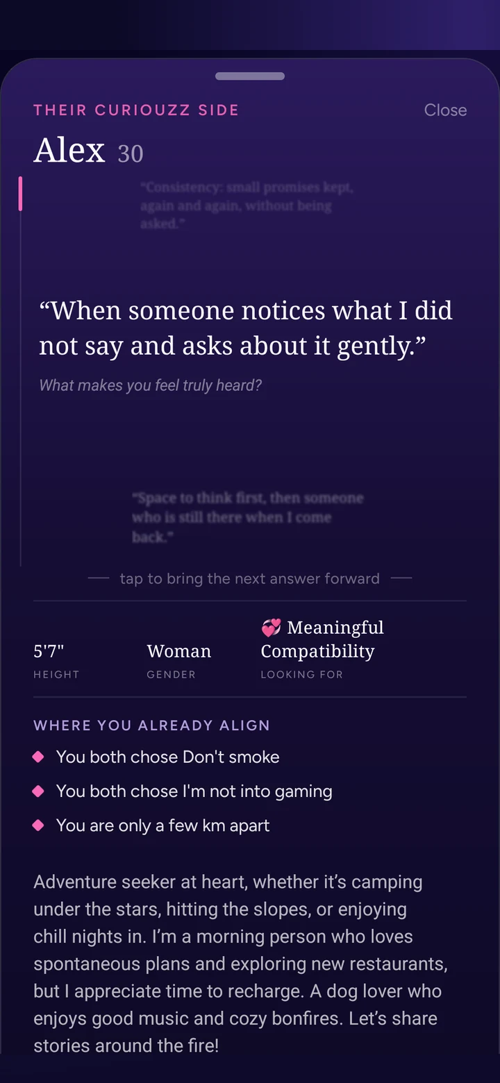 Alex’s Curiouzz Side, a portrait in words: her answers, a few facts, where you already align and a short bio. No photos.