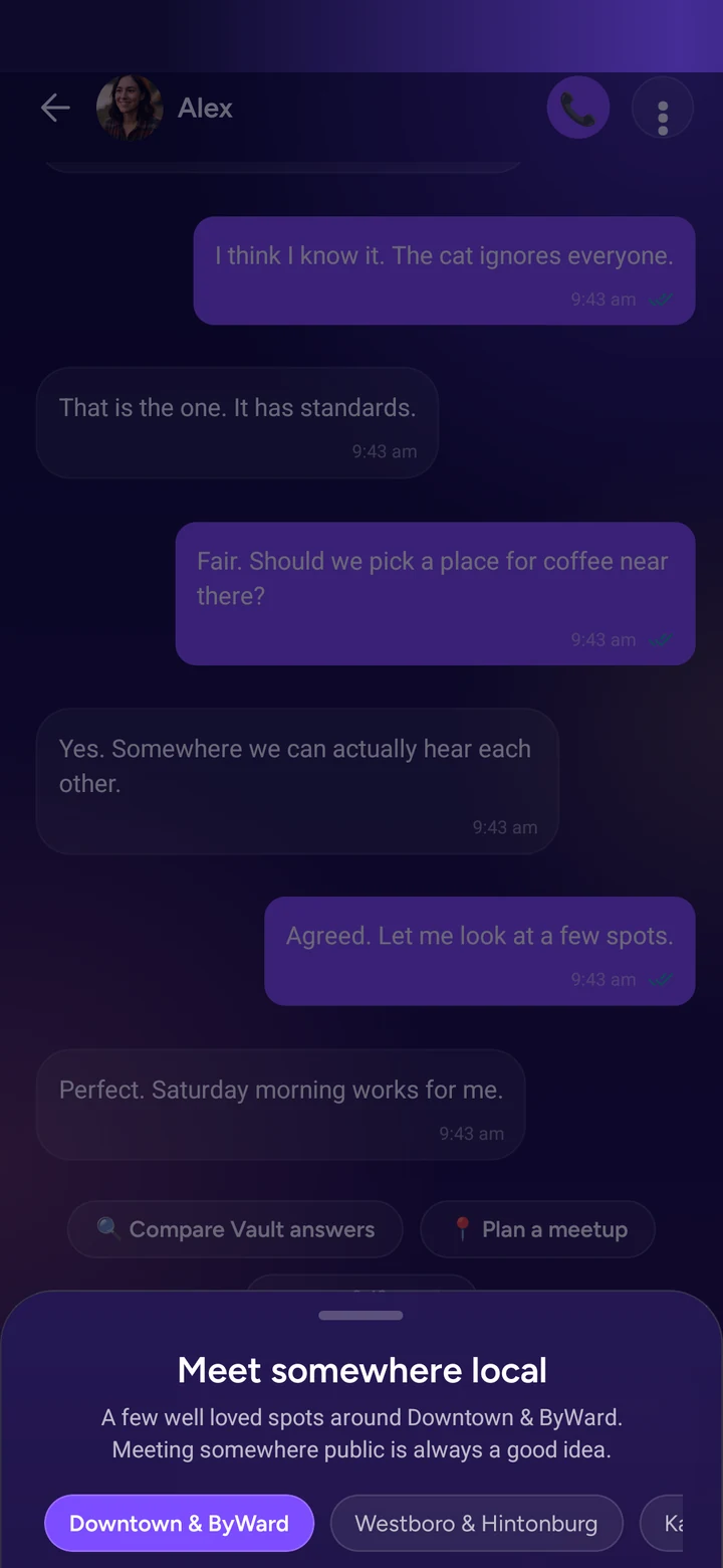 Plan a meetup opening over the conversation: Meet somewhere local, a few well loved spots by neighbourhood.