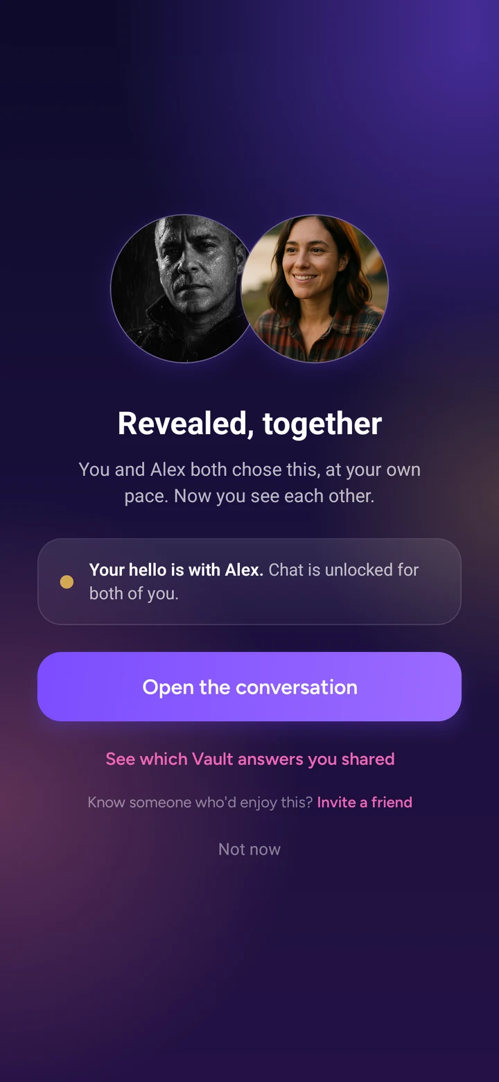 The Revealed, together screen: both photos open at the same moment, and the conversation is unlocked for both.